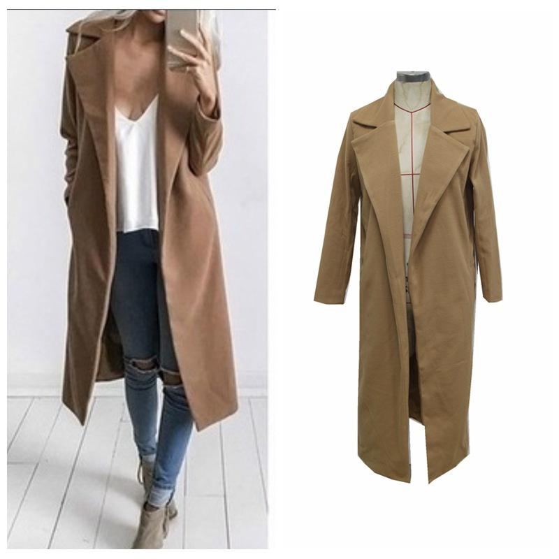 Lapel Collar Pockets Long Slim Woolen Coat