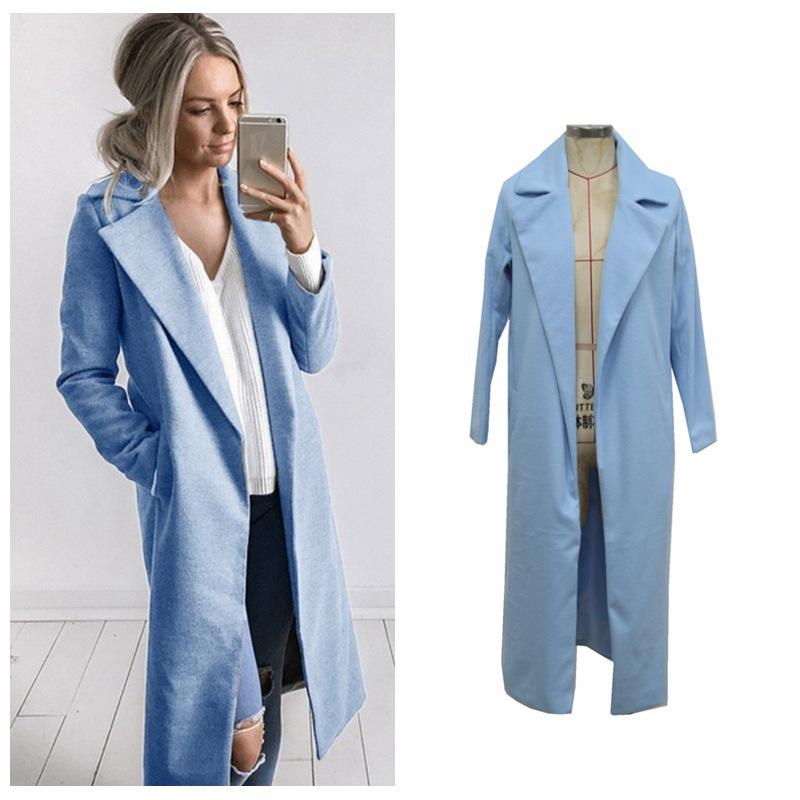 Lapel Collar Pockets Long Slim Woolen Coat