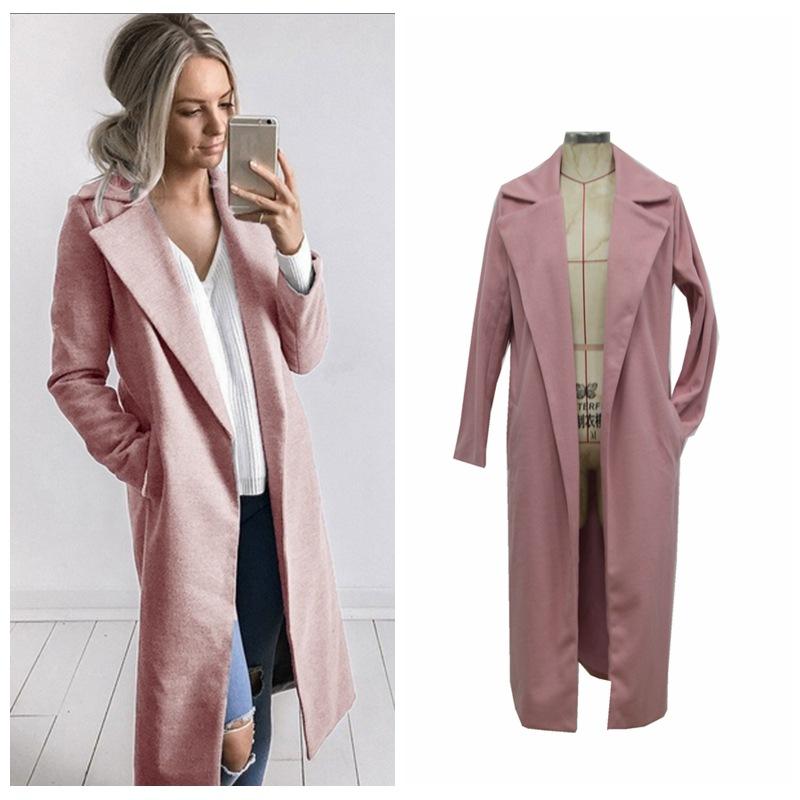 Lapel Collar Pockets Long Slim Woolen Coat