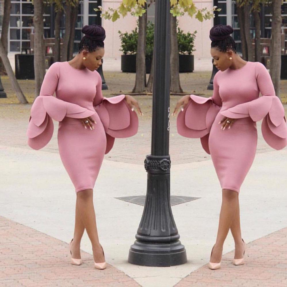 Pure Color Long Trumpet Sleeves Scoop Knee-length Dress