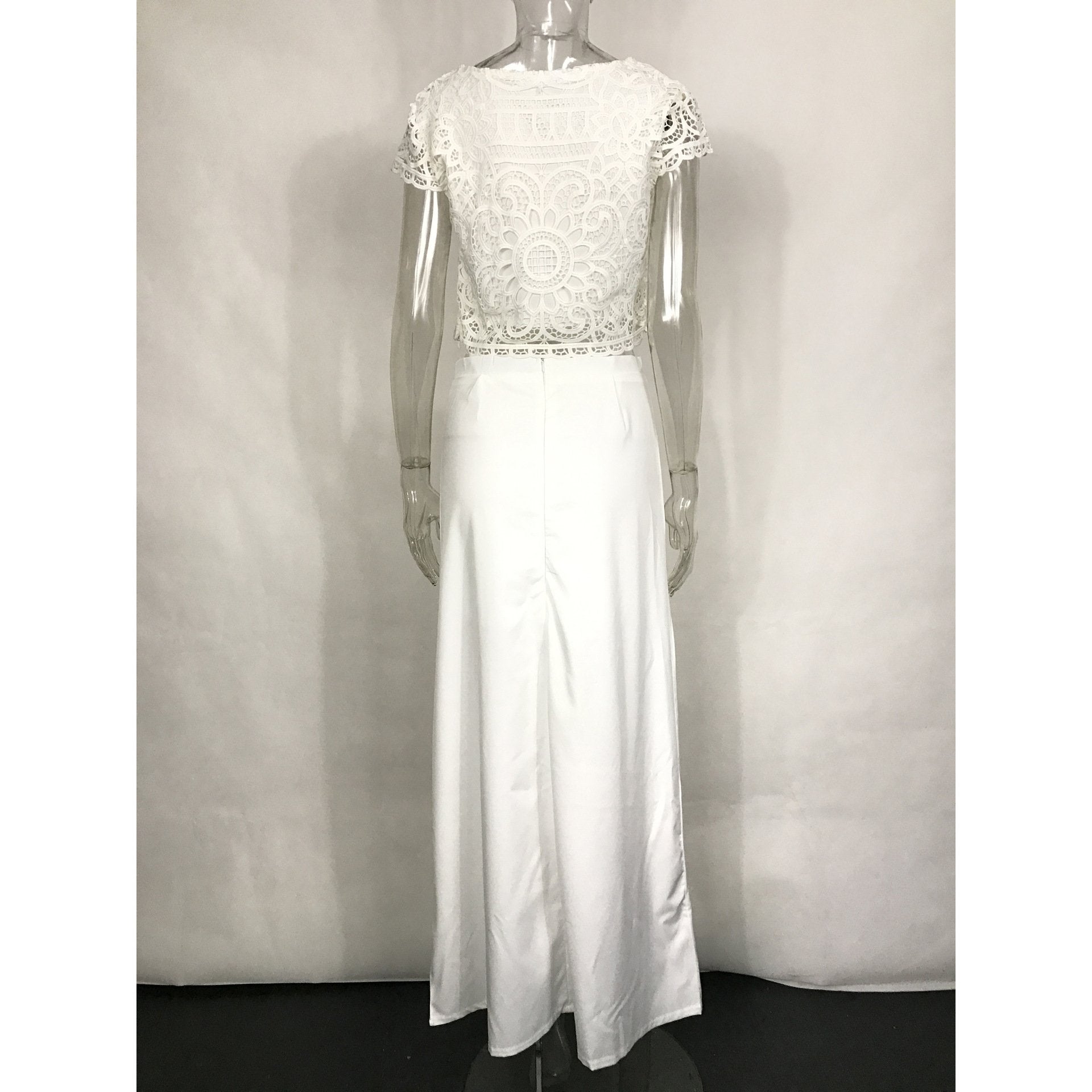 Scoop Lace Crop Top Split Long Skirt Dress Suit