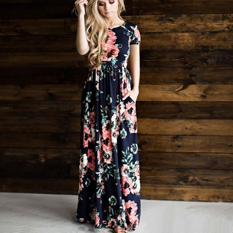 Flower Print 3/4 Sleeves and Short Sleeves High Waist Long Party Dress