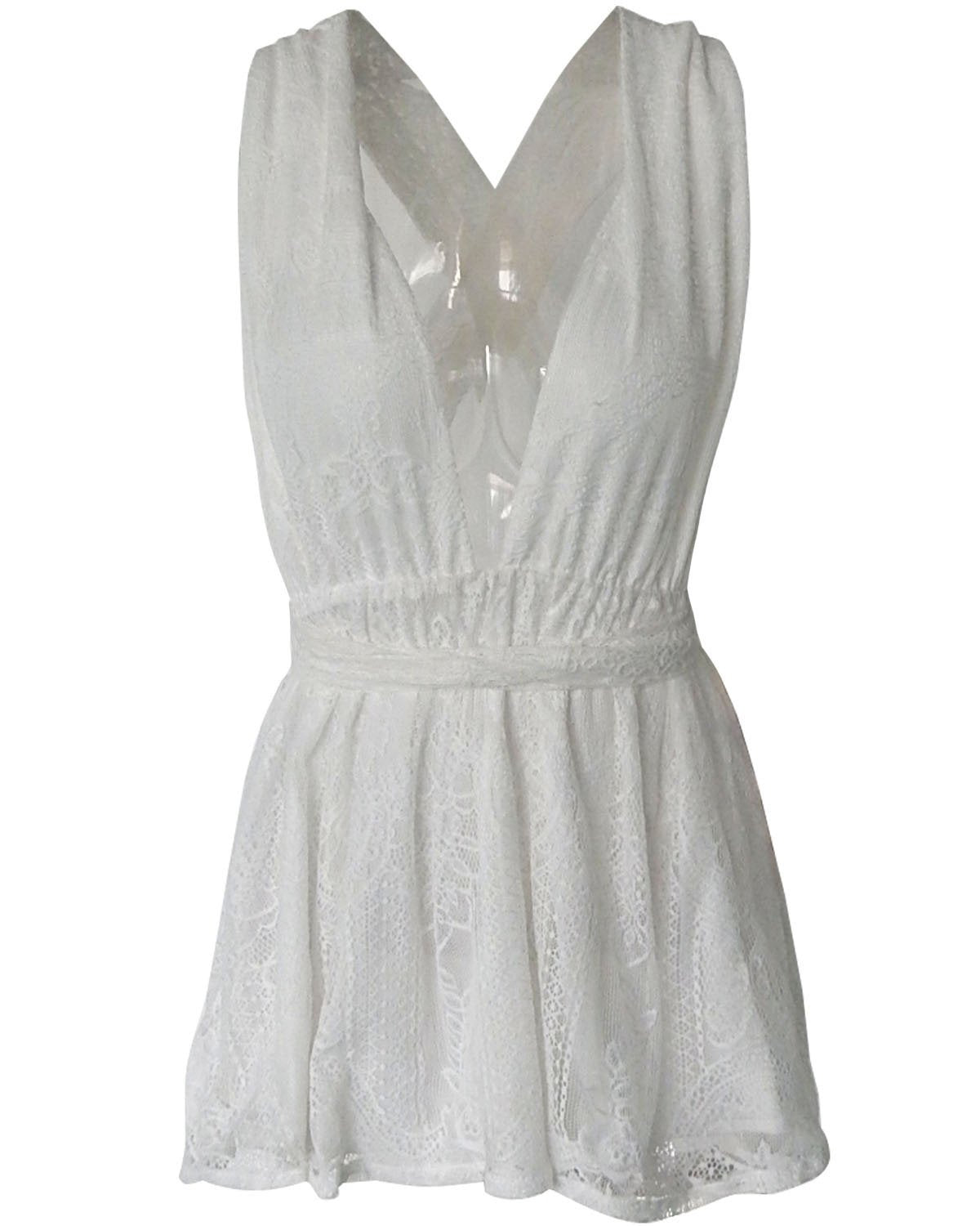 Backless Spaghetti Strap White Lace Back Cross V-neck Short Dress