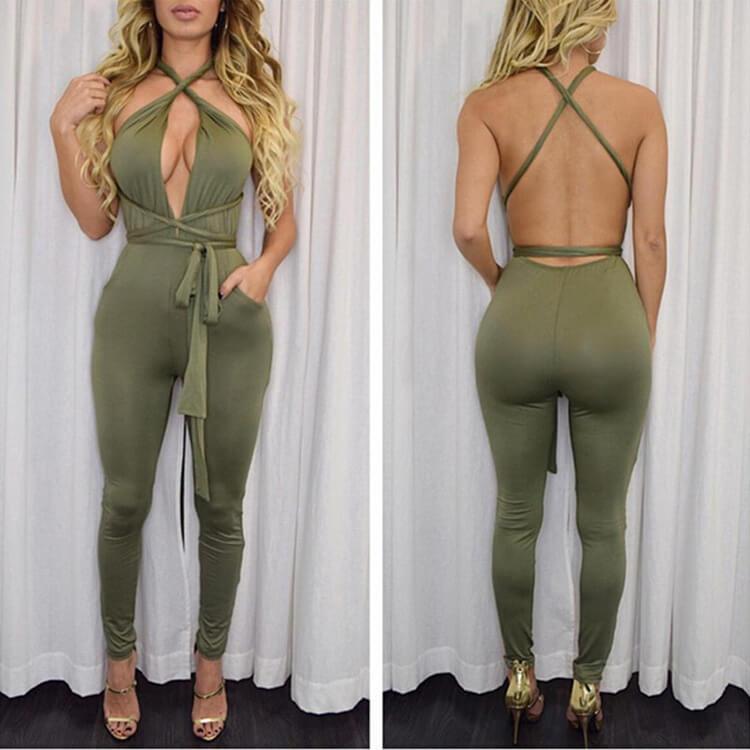 Bandage Backless High Waist Deep V-neck Long Skinny Jumpsuits