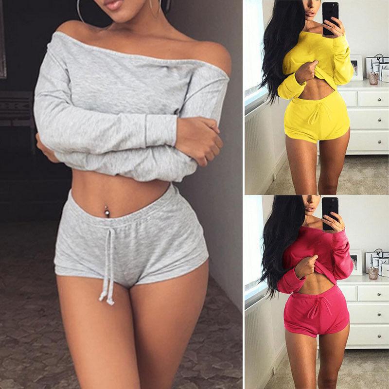Off Shoulder Loose Crop Top with Shorts Two Pieces Set