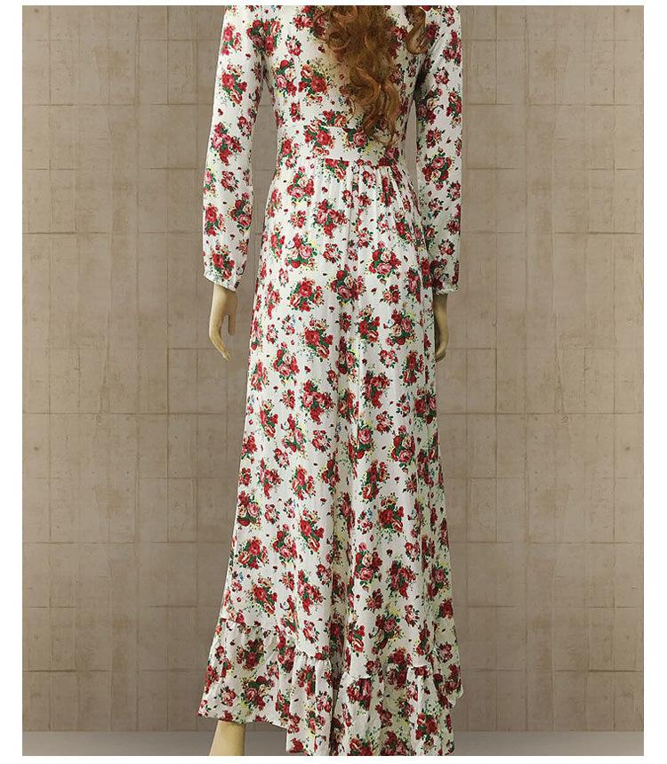 Bohemian Deep V-neck Floral Print Ruffle Long Beach Dress