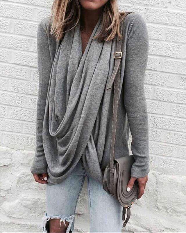 Irregular V-neck Drapped Long Sleeves Loose Long Blouse