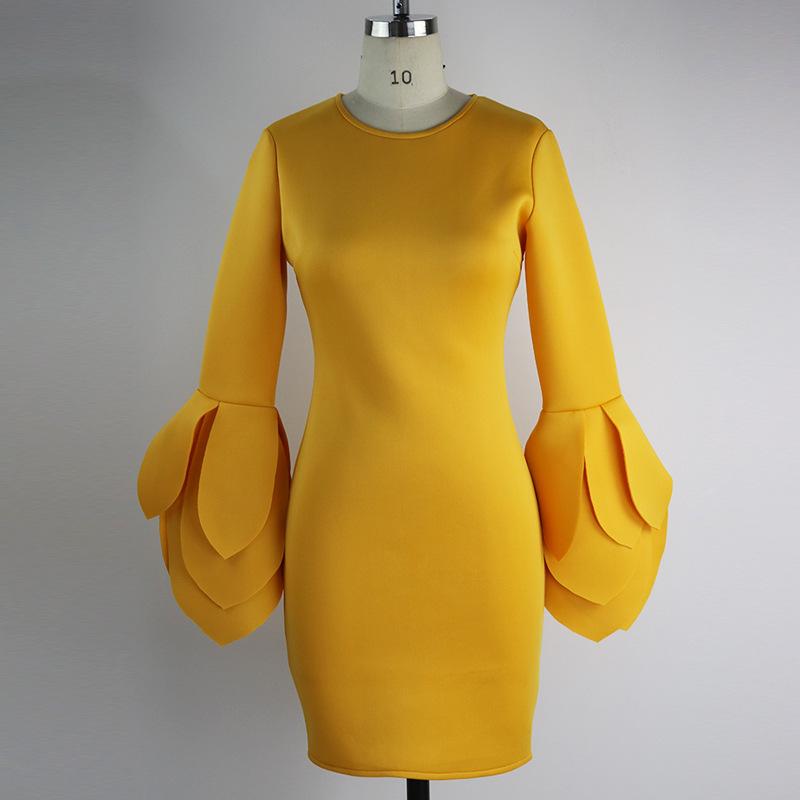 Pure Color Long Trumpet Sleeves Scoop Knee-length Dress