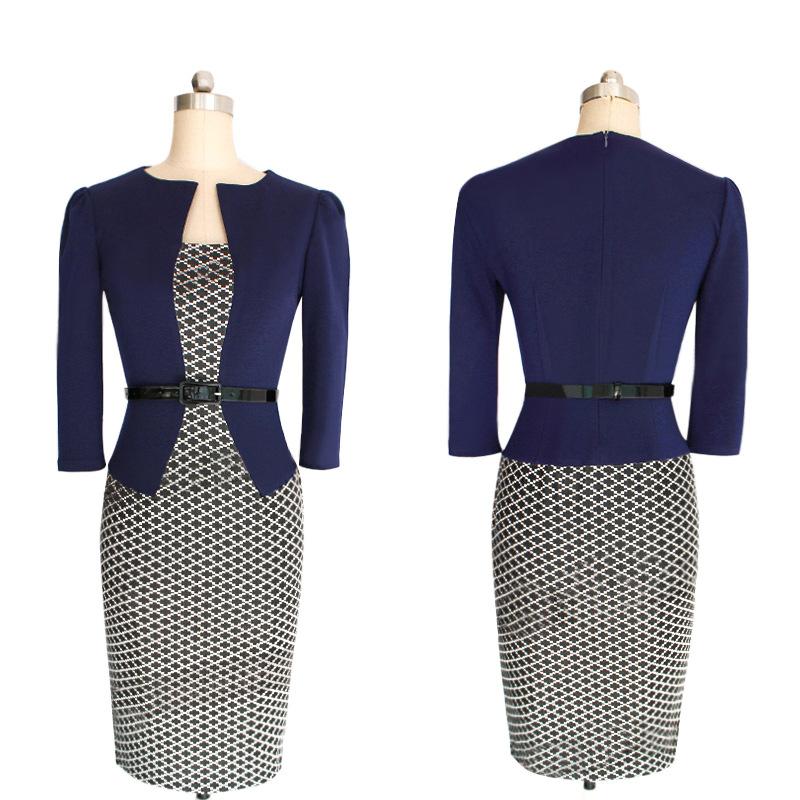 Plaid Patchwork Long Sleeves Knee-length Pencil Dress With Belt on