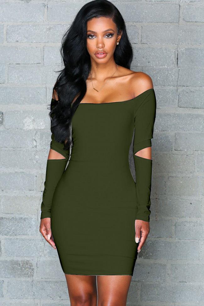 Pure Color Off Shoulder Hollow Sleeve Short Bodycon Dress