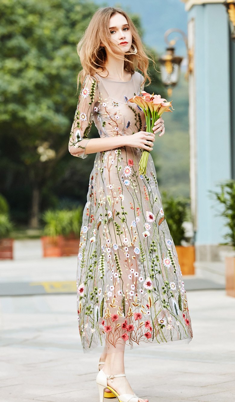 RETRO CHINESE STYLE EMBROIDERED  MESH DRESS HOLIDAY BEACH DRESS