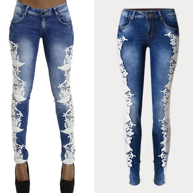 Lace Patchwork Hollow Skinny Straight High Waist Jeans