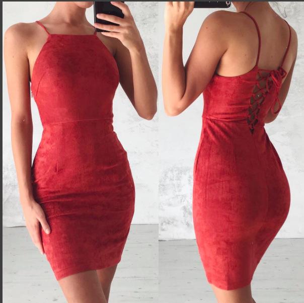 Bear Shoulder Spaghetti Strap Lace Up Back Short Bodycon Dress