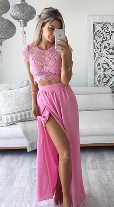 Three Pieces Lace Crop Top Slit Long Skirt Dress Set