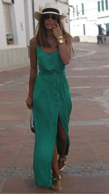 Spaghetti Strap V-neck Pure Color Split Long Dress