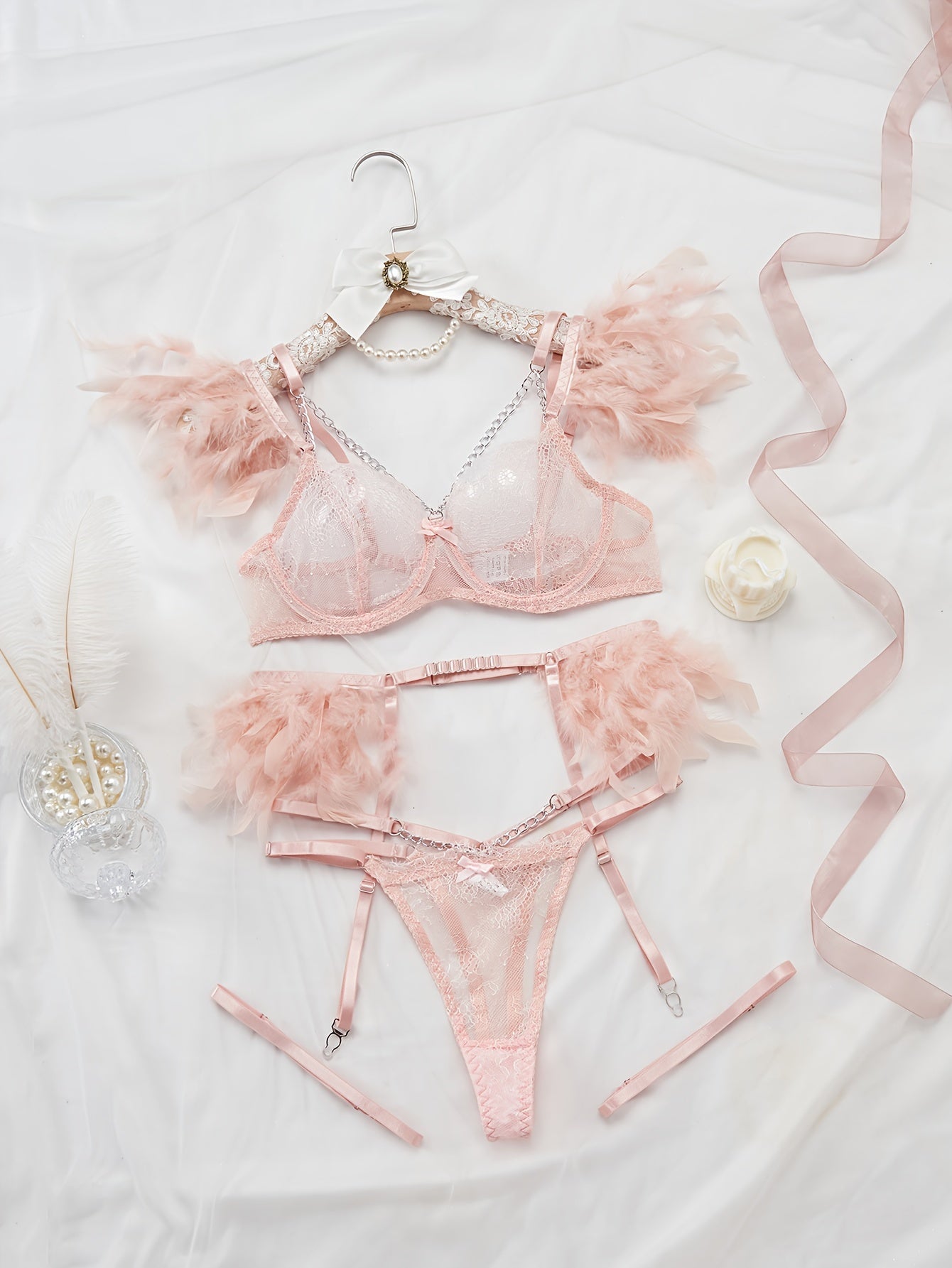 EUROPEAN AND AMERICAN FASHION LACE HOMEWEAR WITH CHAIN DETAIL SHEER BRA FOR WOMEN