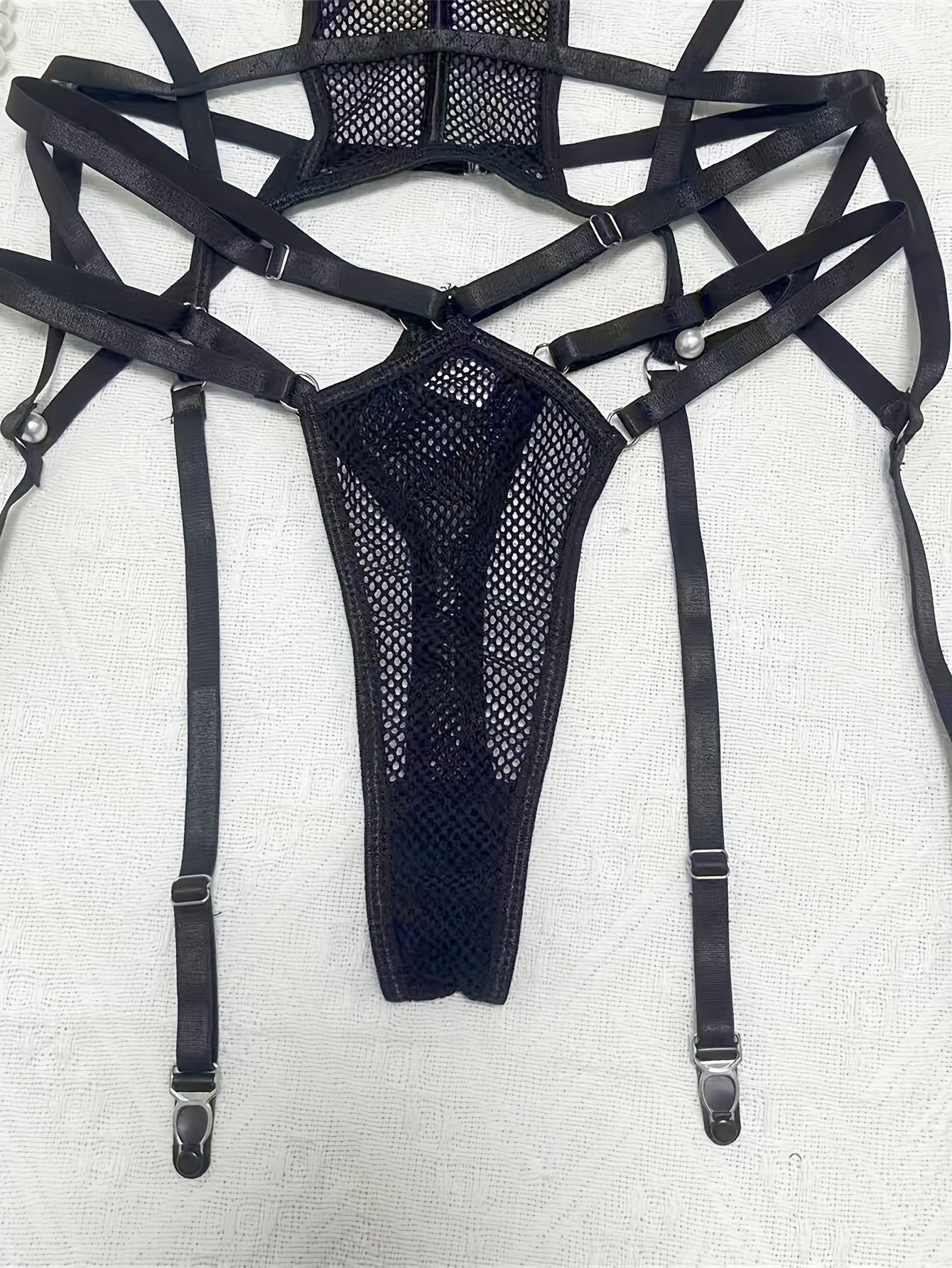 FASHION BLACK HOMEWEAR SET, POLYESTER 95% ELASTANE 5% KNIT FABRIC, SOLID COLOR WITH CONTRAST MESH DETAILS, INTIMATE LASH SETS WITH HARNESS AND GARTER BELT
