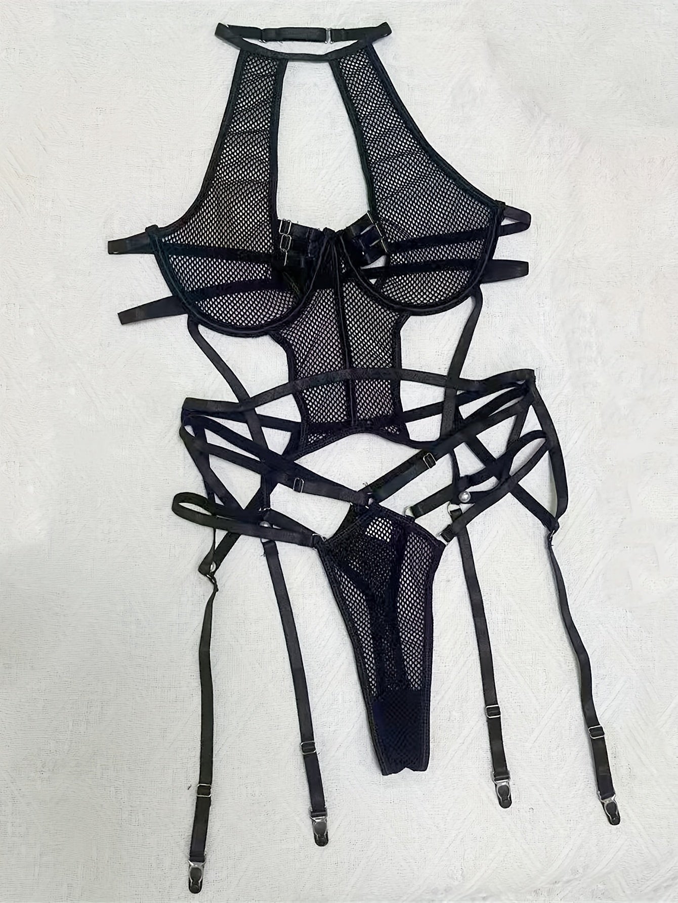 FASHION BLACK HOMEWEAR SET, POLYESTER 95% ELASTANE 5% KNIT FABRIC, SOLID COLOR WITH CONTRAST MESH DETAILS, INTIMATE LASH SETS WITH HARNESS AND GARTER BELT