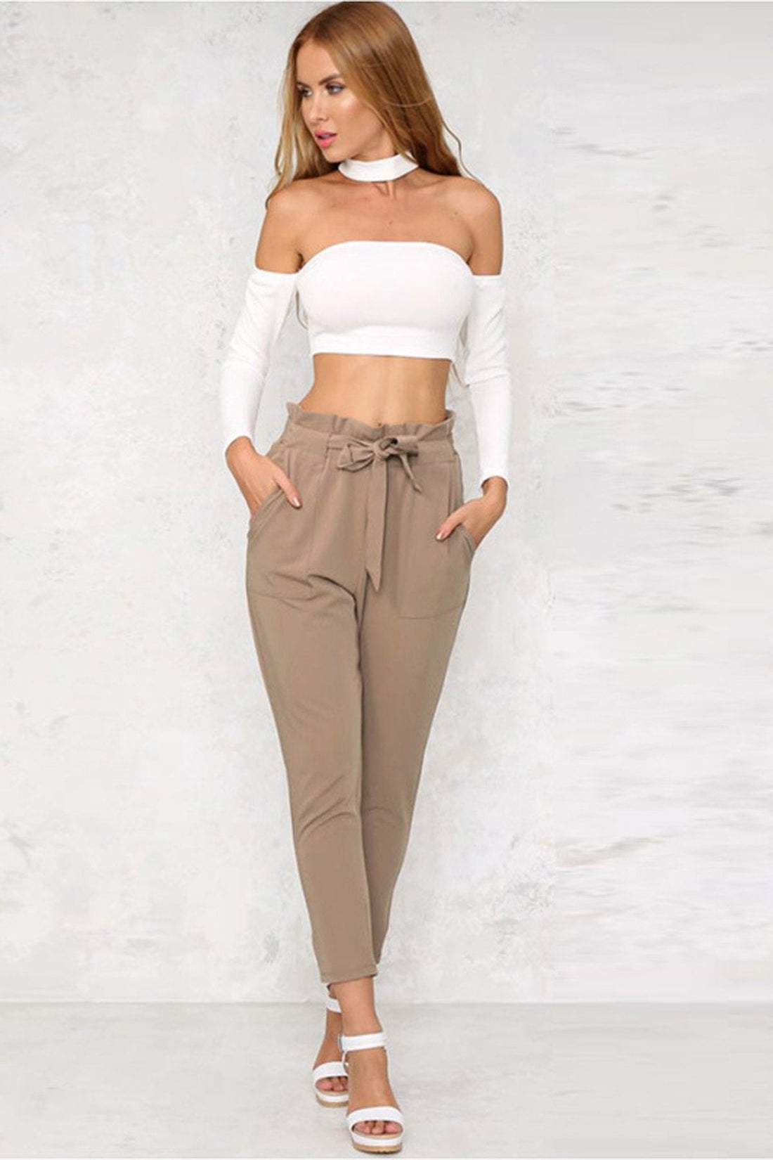 Solid Color Straps Belt 9/10 Skinny Casual Pants