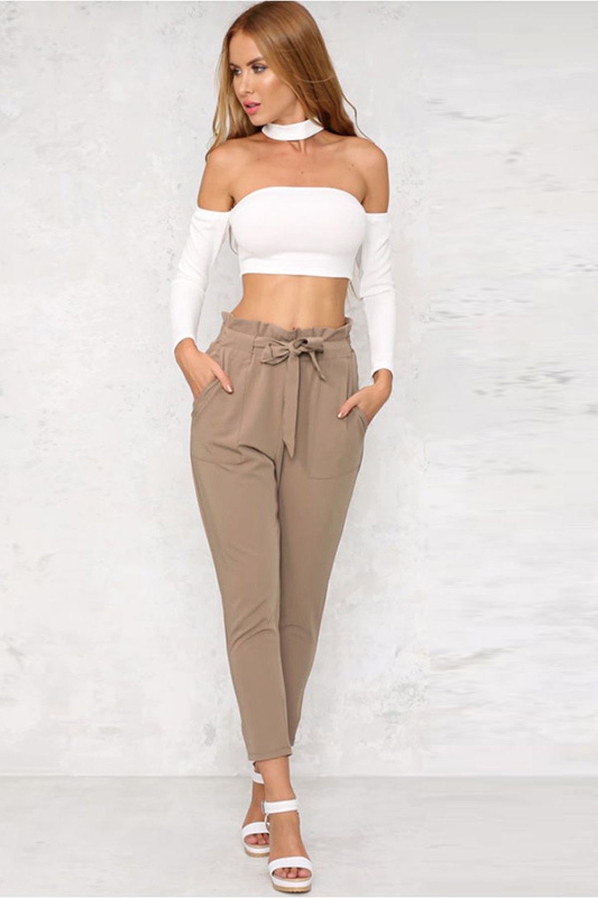 Solid Color Straps Belt 9/10 Skinny Casual Pants