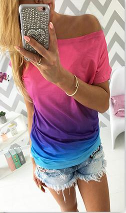Gradually Changing Color Short Sleeves Scoop Casual T-shirt