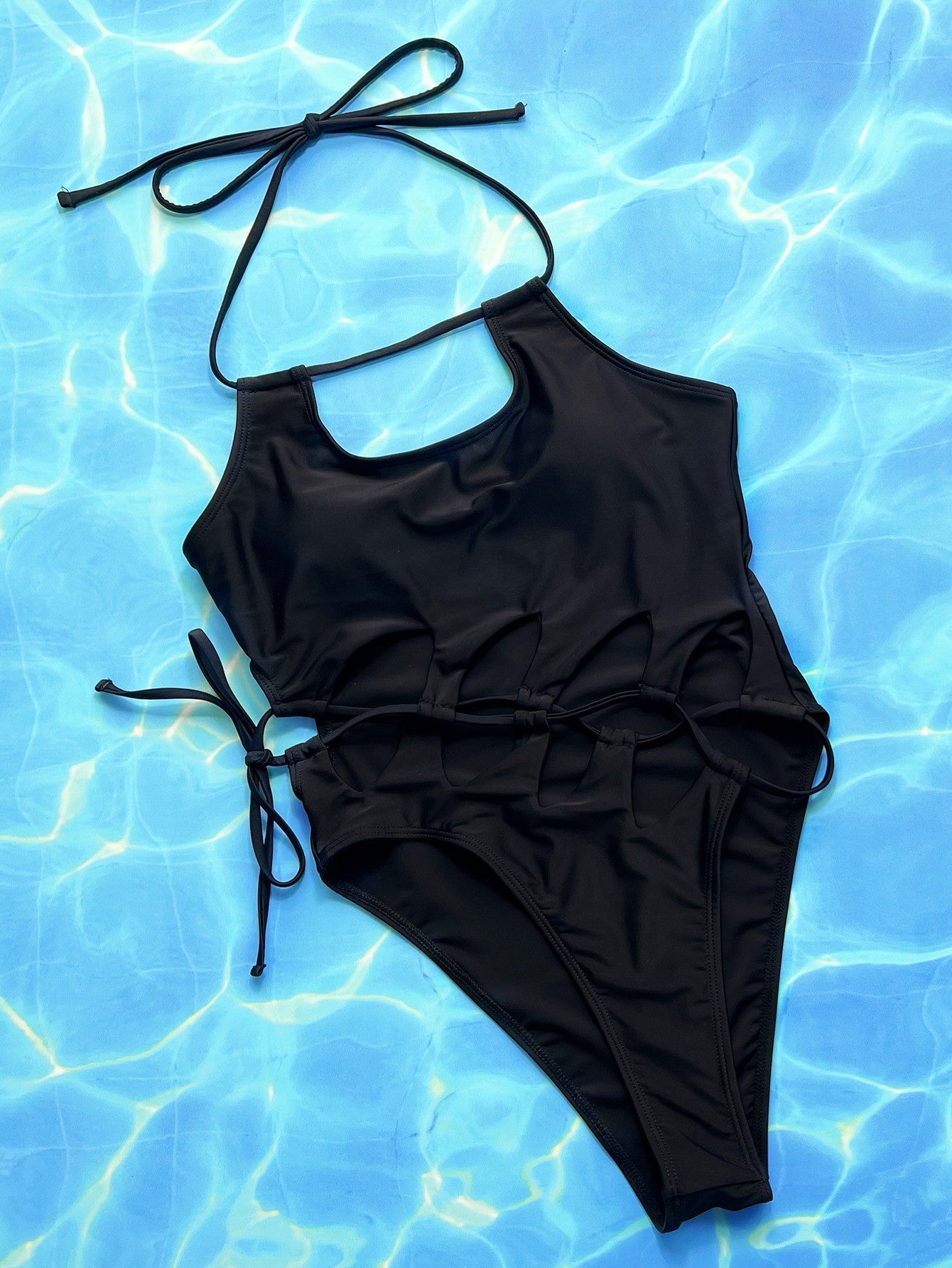 HOLLOW OUT MONOCHROME BANDAGE BODYSUIT SWIMSUIT