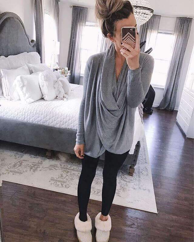 Irregular V-neck Drapped Long Sleeves Loose Long Blouse