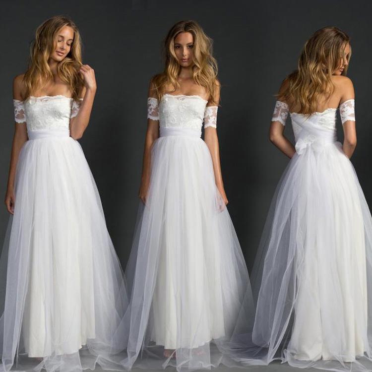 Off-shoulder Lace Pleated Bowknot Floor Grown Long Dress