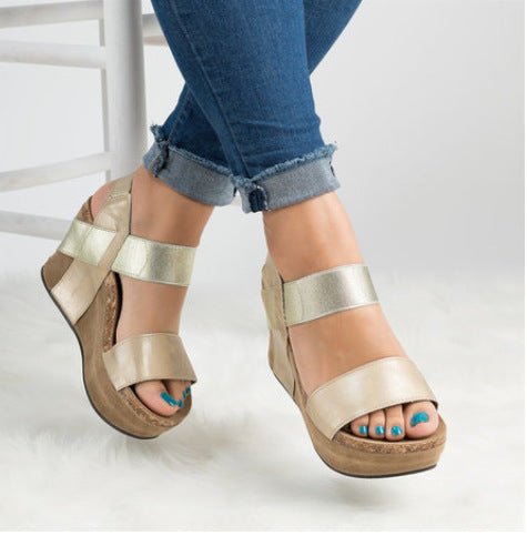Retro Open Toe Ankle Wrap Platform Women Wedge Sandals with Plus Size