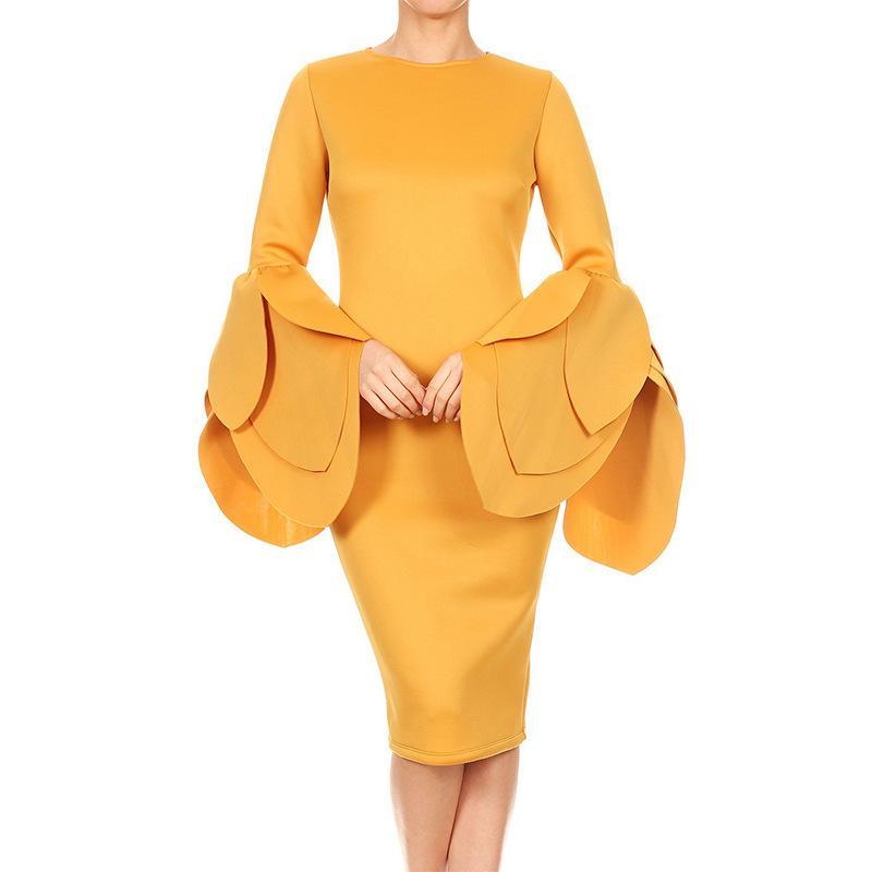 Pure Color Long Trumpet Sleeves Scoop Knee-length Dress