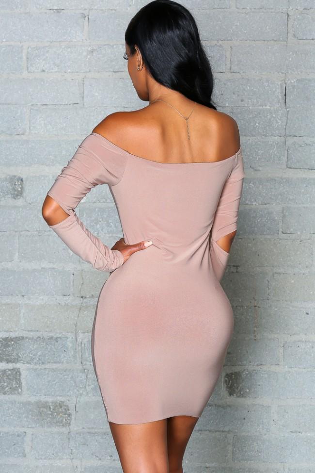 Pure Color Off Shoulder Hollow Sleeve Short Bodycon Dress