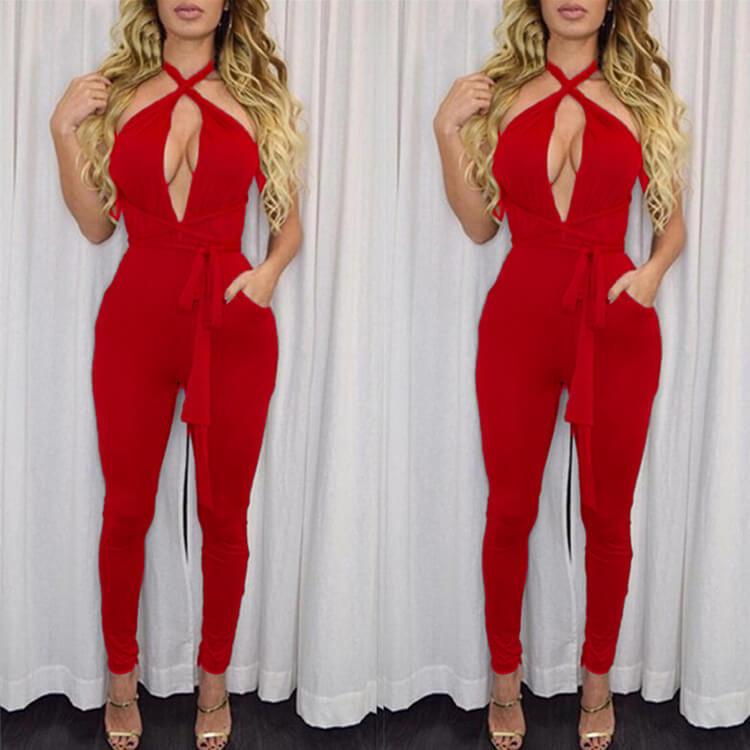 Bandage Backless High Waist Deep V-neck Long Skinny Jumpsuits