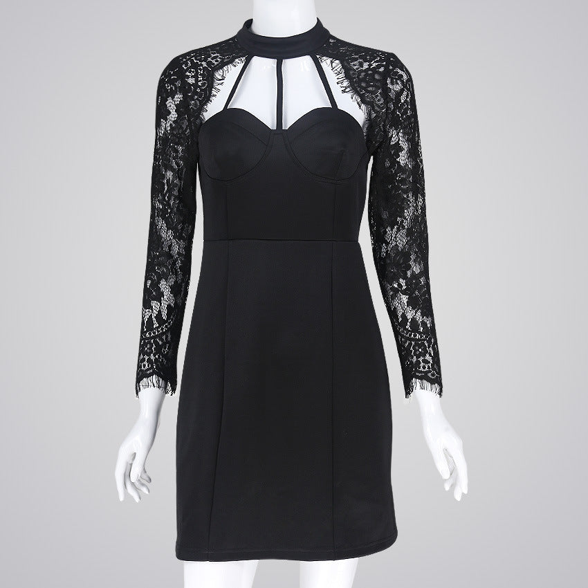 Lace cut out sleeve collar lace dress