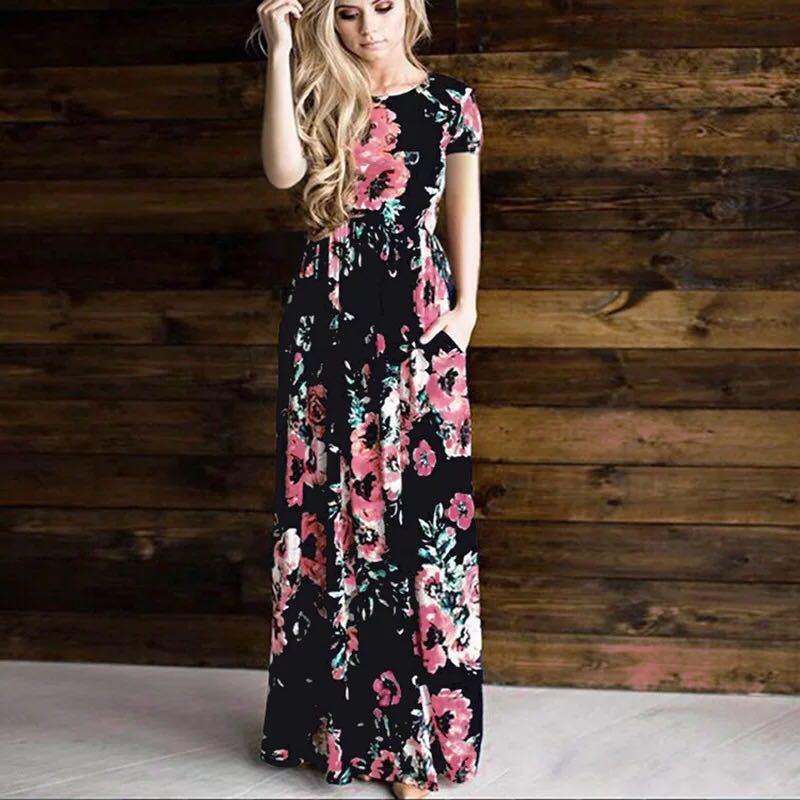 Flower Print 3/4 Sleeves and Short Sleeves High Waist Long Party Dress