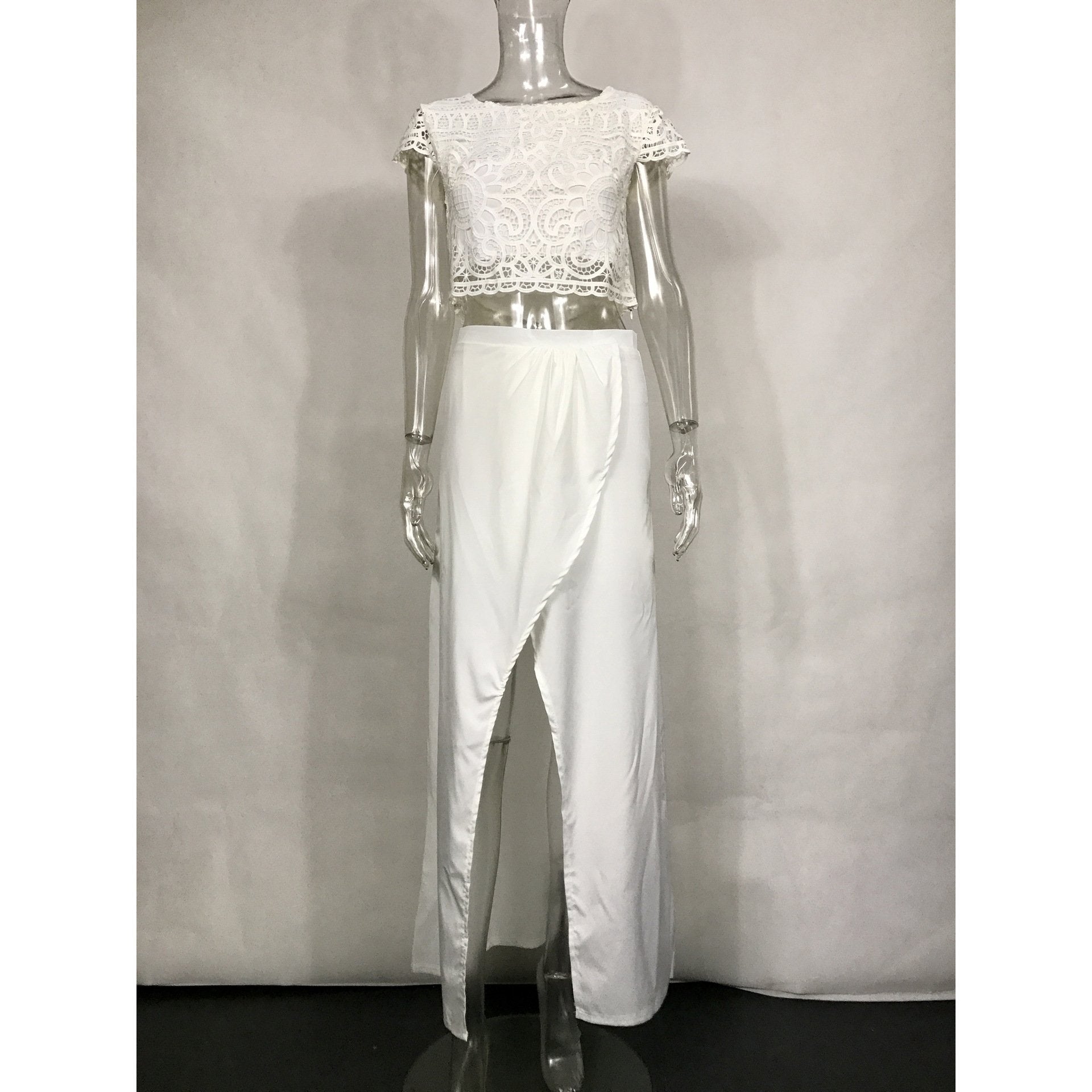 Scoop Lace Crop Top Split Long Skirt Dress Suit