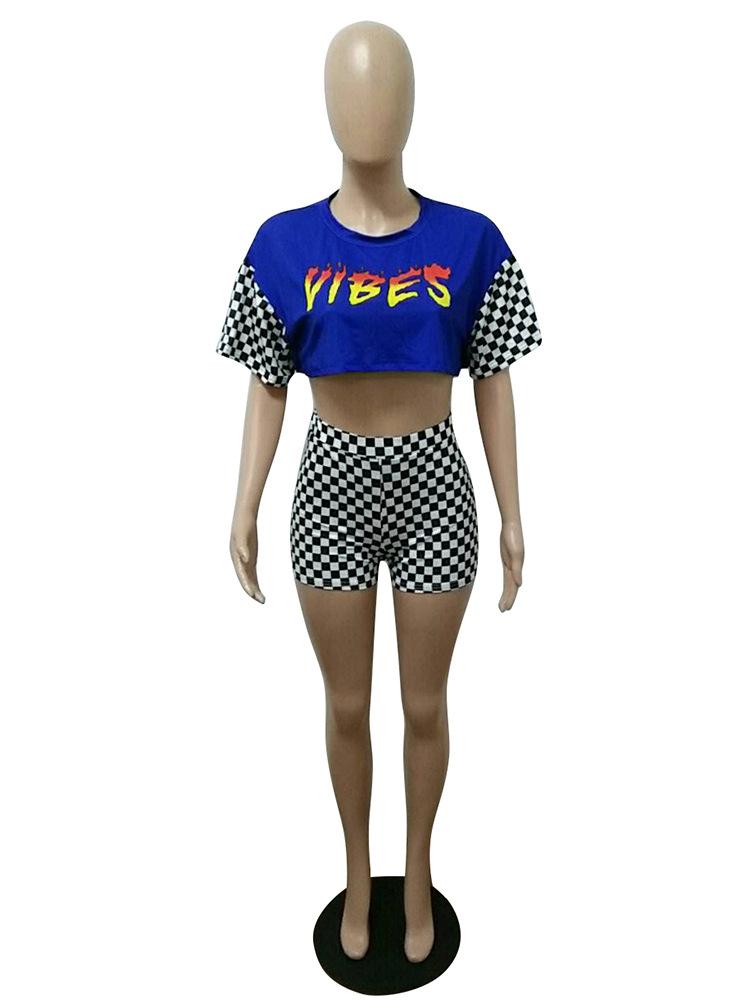 Print Plaid Loose T-shirt with Shorts Two Pieces Set