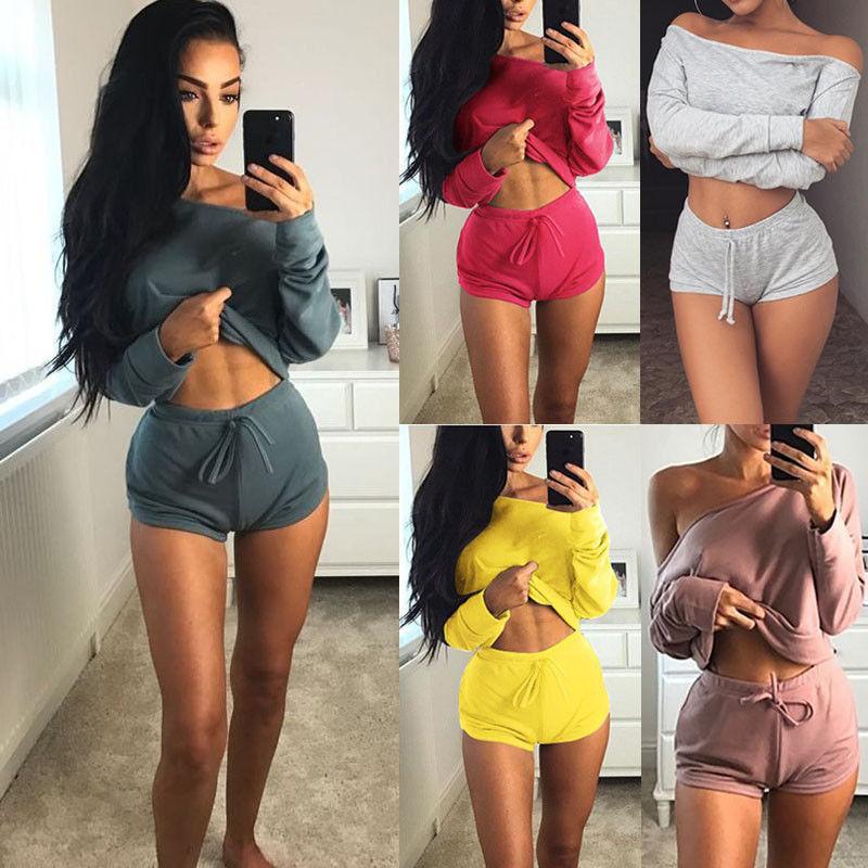 Off Shoulder Loose Crop Top with Shorts Two Pieces Set