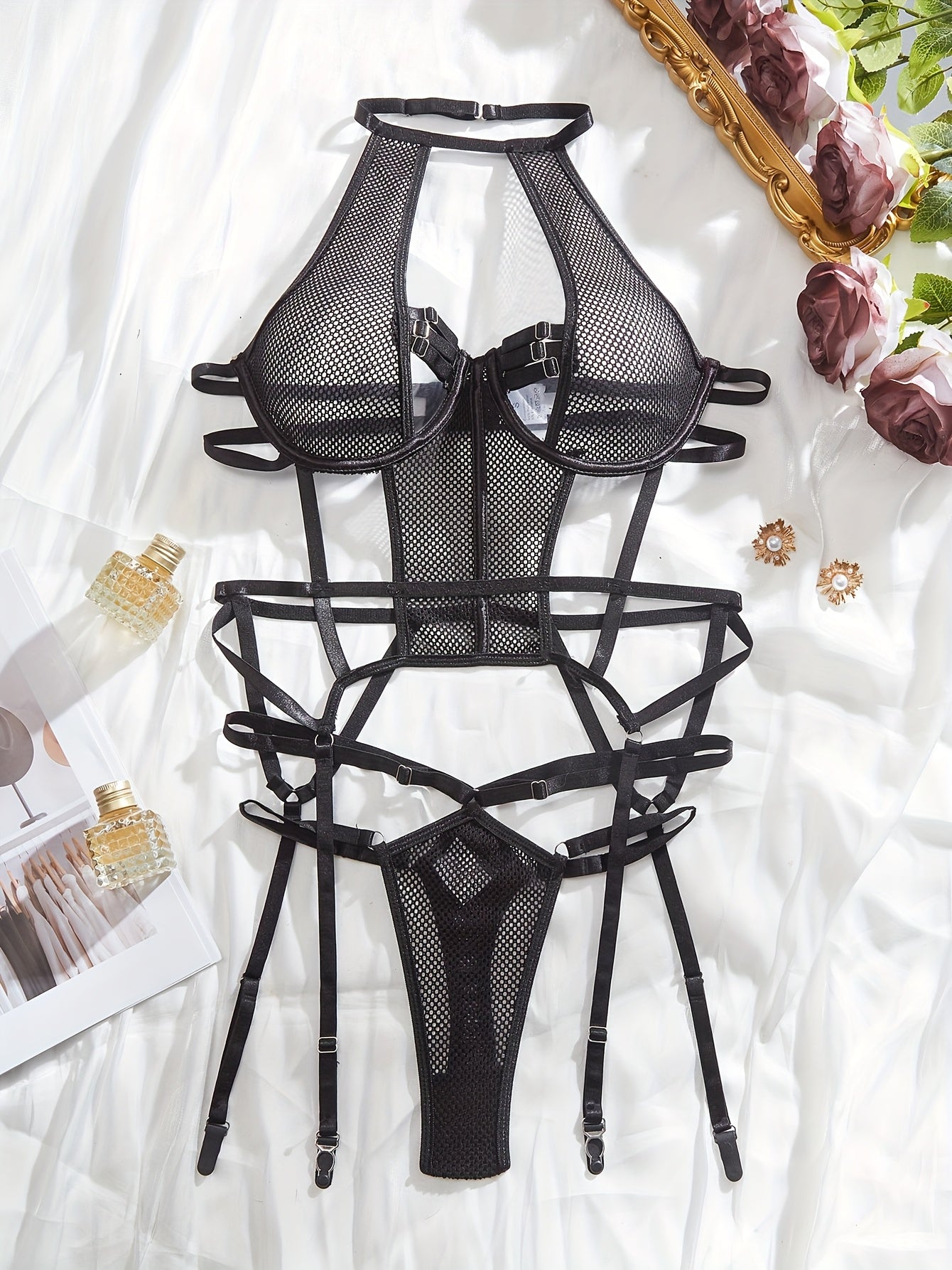 EUROPEAN AND AMERICAN HOT-SELLING 2PCS SET WITH FINE MESH SPLICING HOLLOW-OUT HOMEWEAR OUTFIT WITHOUT GLOVES OR STOCKINGS