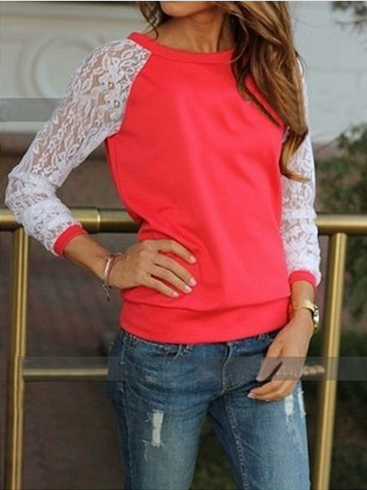 Lace Splicing Scoop Pullover Loose Long Sleeve T-shirt - Oh Yours Fashion - 2