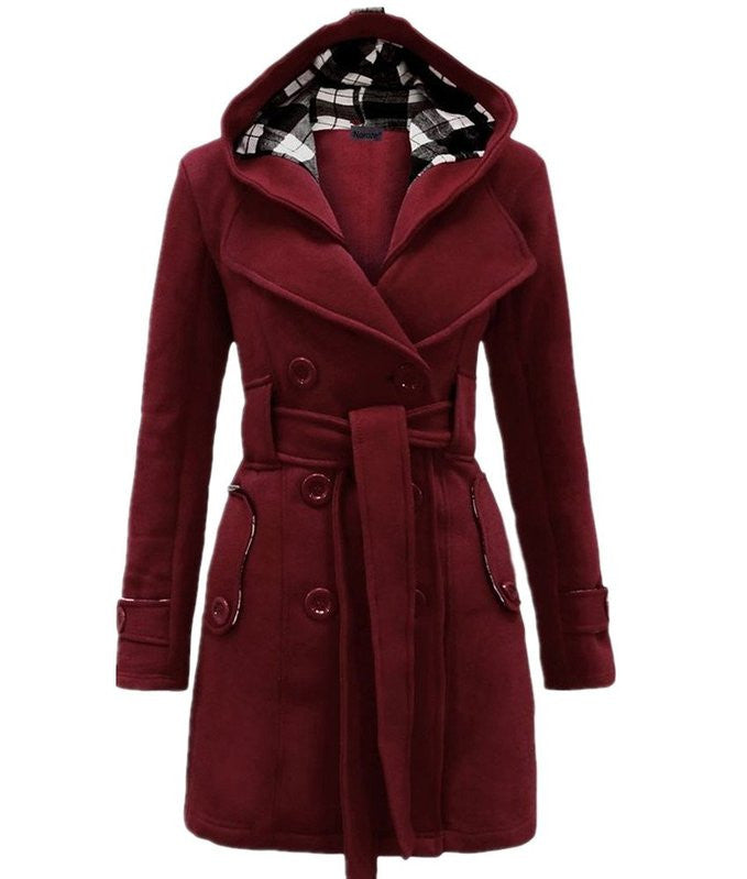 Plus Size Double Breasted Long with Belt Hooded Coat - MeetYoursFashion - 9