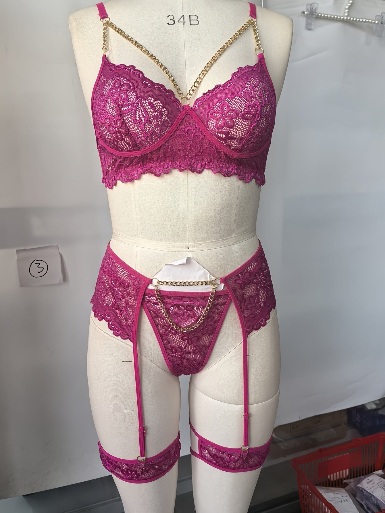 5PCS SET SOLID COLOR FLORAL HOMEWEAR SET GOLDEN CHAIN HOLLOW HALF-TRANSPARENT BRA GARTER THONG PANTIES WOMEN'S FASHION HOMEWEAR SET