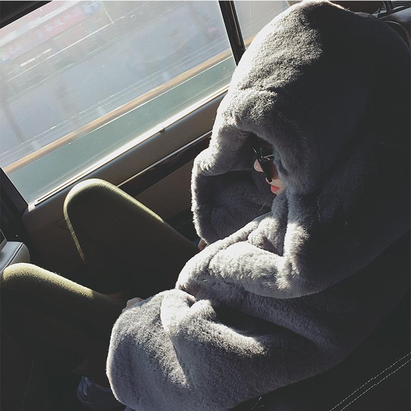 Warm Faux Rabbit Fur Solid Color Women Oversized Hooded Teddy Coat