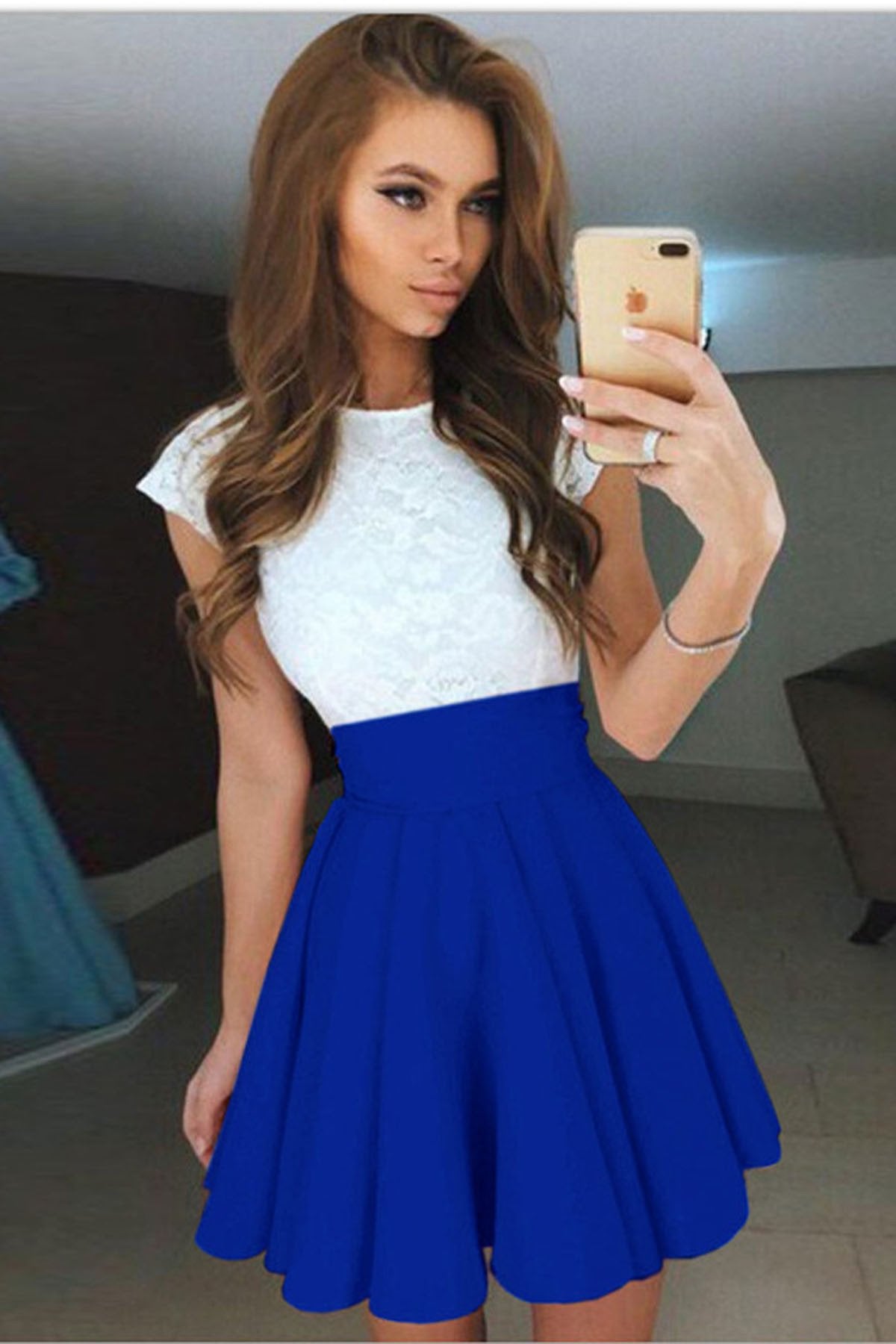 Mini Scoop A-line Lace Patchwork Pleated Short Dress