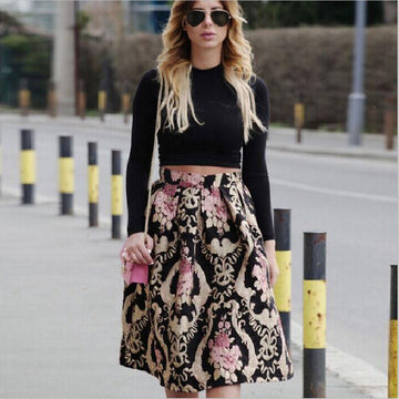 Free Shipping Clearence Retro Style Floral Print High Waist Pleated Flared Skirt