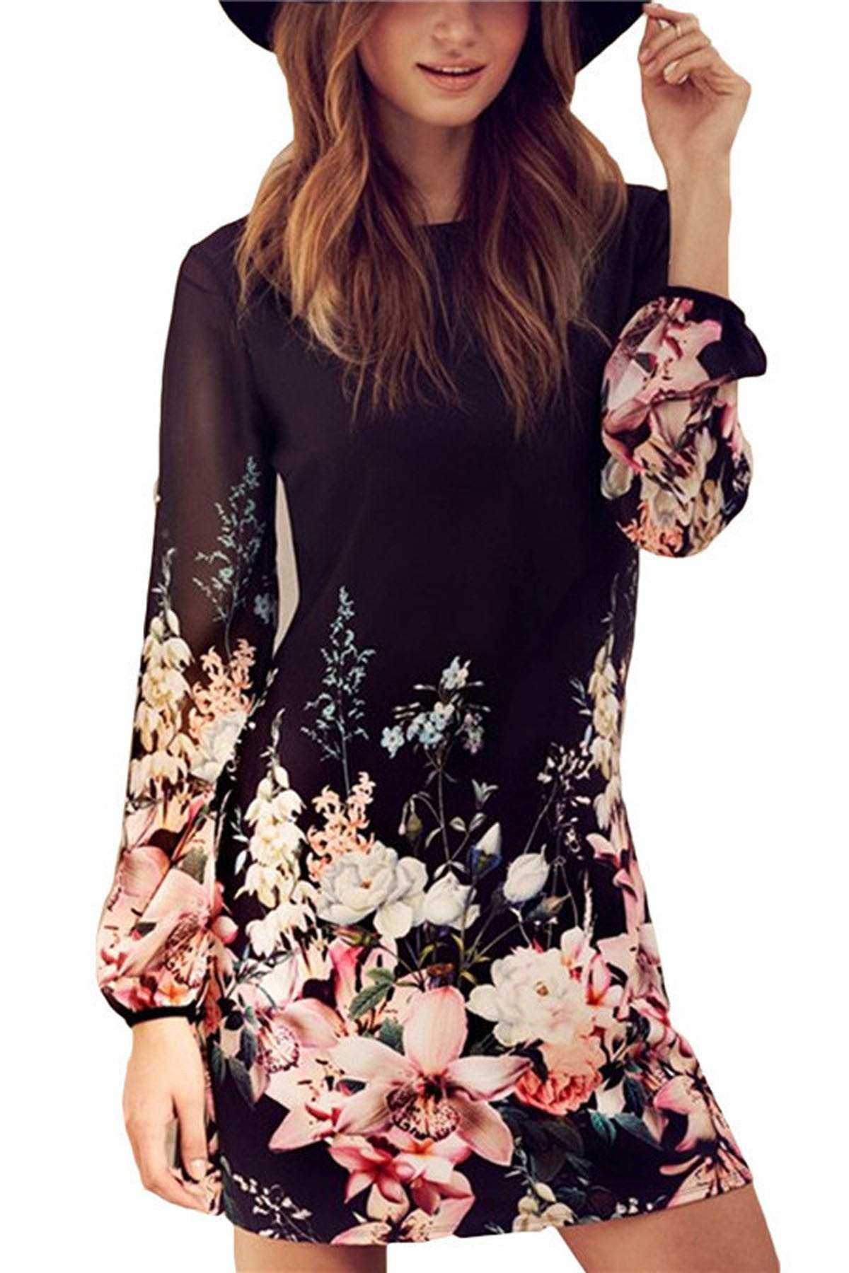 Chiffon Print Scoop Long Sleeves Short Dress