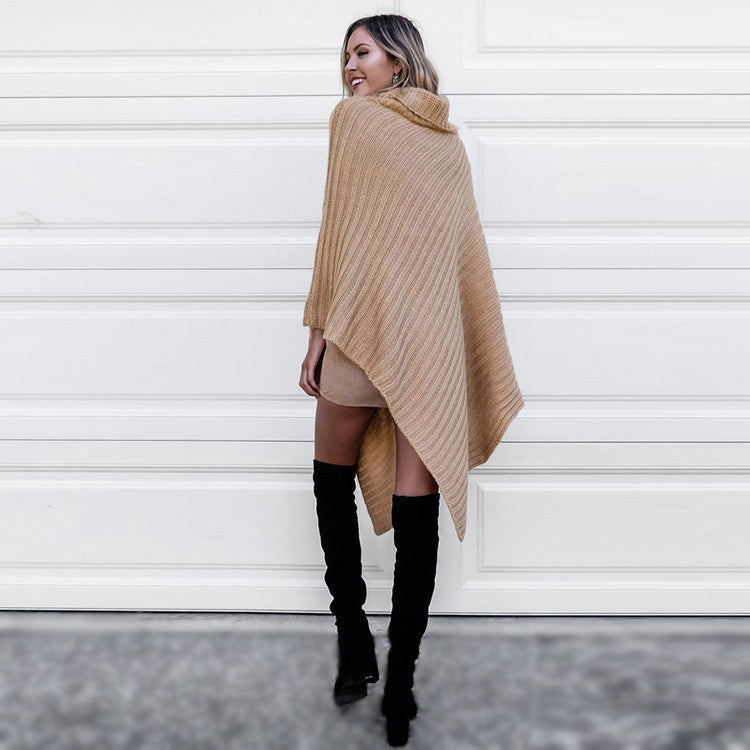 Pure Color Long Sleeves Irregular High Neck Cap Sweater