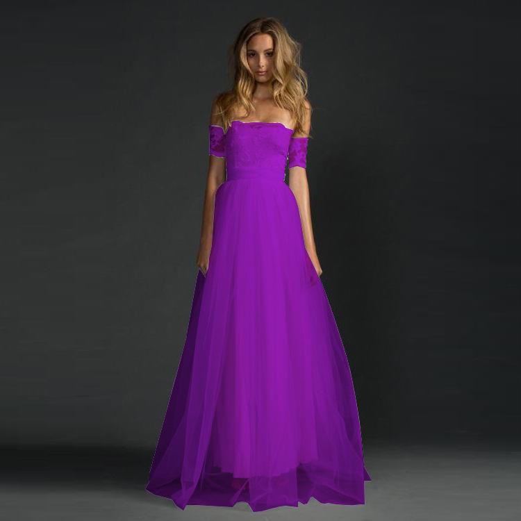 Off-shoulder Lace Pleated Bowknot Floor Grown Long Dress