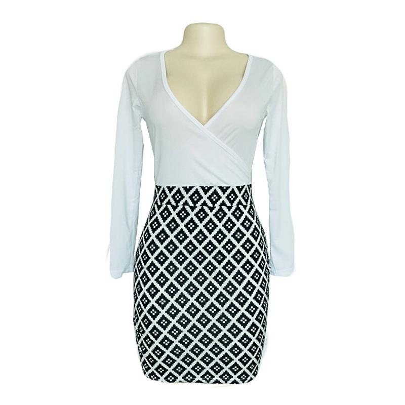 V-neck Long Sleeves Patchwork Bodycon Knee-length Dress