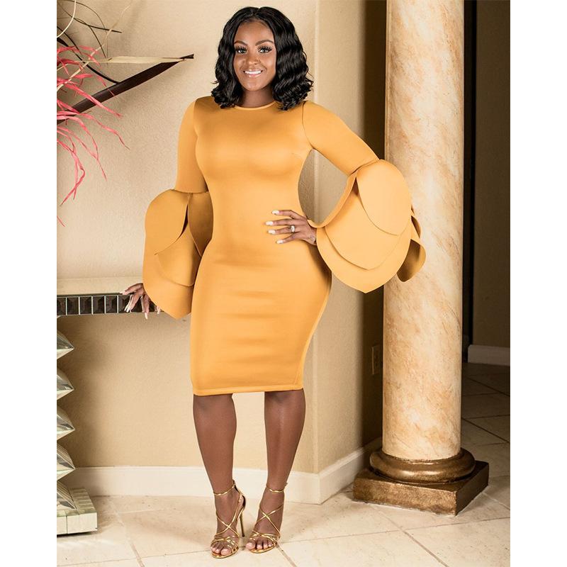 Pure Color Long Trumpet Sleeves Scoop Knee-length Dress