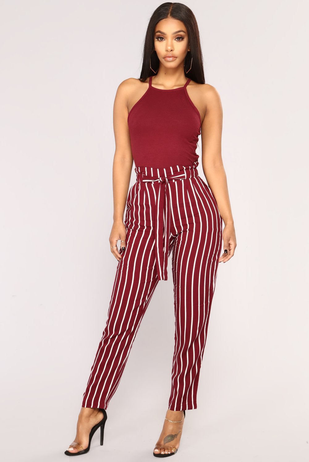 Striped Slim Strap Belt Long Skinny Casual Pants